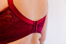 Load image into Gallery viewer, Momzelle Lace Nursing bra Burgundy and black. Breastfeeding Pregnancy Pregnant sexy
