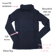 Load image into Gallery viewer,  Momzelle breastfeeding turtleneck. Black Fitted Maternity clothes. Nursing baby breast milk. Cowlneck. Sweater Long sleeve top. Pregnant

