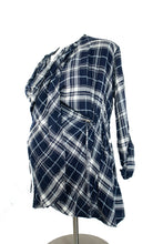 Load image into Gallery viewer, Motherhood maternity plaid top. Breastfeeding Flannel. Nursing button down access. Cardigan
