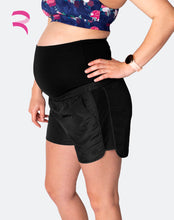 Load image into Gallery viewer, Black maternity running short. Workout shorts for a fit pregnancy. Compression belly band. Cadenshae active 
