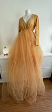 Load image into Gallery viewer, Maternity photoshoot gown with tule skirt. Maxi floor length Pregnancy dress Mustard Gold 
