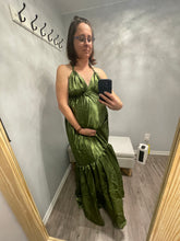 Load image into Gallery viewer, An olive halter top maternity photoshoot gown. You can rent or buy this dress for your pregnancy.
