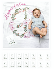 Load image into Gallery viewer, Baby shower gift newborn girl piece sign slivers. milestone planet first year social media pictures
