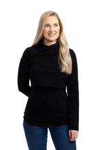 Load image into Gallery viewer,  Momzelle breastfeeding turtleneck. Black Fitted Maternity clothes. Nursing baby breast milk. Cowlneck. Sweater Long sleeve top. Pregnant
