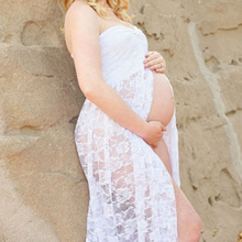 Load image into Gallery viewer, Lace maternity photoshoot gown. open bump. Peek-a-boo bump. Pregnancy dress. White beach
