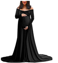 Load image into Gallery viewer, Long sleeve velvet maternity photoshoot gown in black. Pregnancy dress maxi floor lengthLong sleeve velvet maternity photoshoot gown in black. Pregnancy dress maxi floor length

