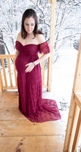 Load image into Gallery viewer, Wine red lace maternity gown for photoshoots. Floor length pregnancy dress for pictures. Wine red lace maternity gown for photoshoots. Floor length pregnancy dress for pictures. 

