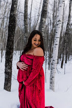 Load image into Gallery viewer, Long sleeve velvet maternity photoshoot gown in wine red. Pregnancy dress maxi floor length
