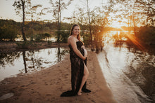 Load image into Gallery viewer, Lace maternity photoshoot gown. open bump. Peek-a-boo bump. Pregnancy dress. Black Beach
