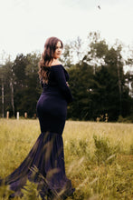 Load image into Gallery viewer, Long sleeve mermaid maternity photoshoot gown in navy. Pregnancy dress maxi floor length
