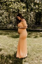 Load image into Gallery viewer, Mustard orange maternity gown. Pregnancy dress pregnant photoshoot floor length maxi off the shoulder

