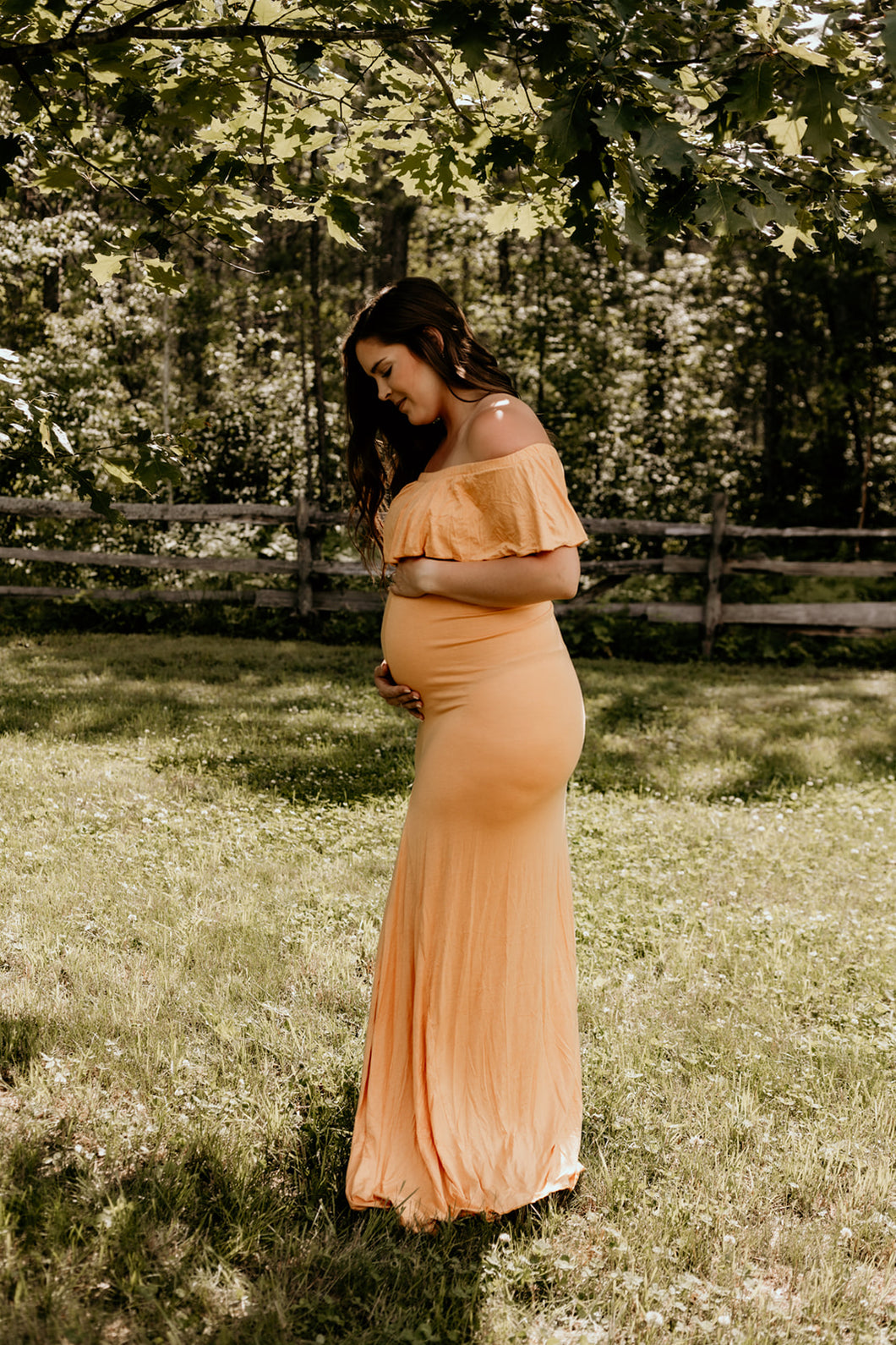 Mustard orange maternity gown. Pregnancy dress pregnant photoshoot floor length maxi off the shoulder