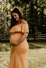 Load image into Gallery viewer, Mustard orange maternity gown. Pregnancy dress pregnant photoshoot floor length maxi off the shoulder
