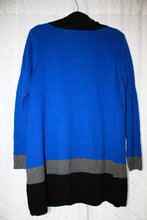 Load image into Gallery viewer, Motherhood maternity sweater cowl neck. Blue colour block with black stripe Size XL Knit Long sleeve top Affordable Canadian Pregnant Pregnancy clothes sustainable maternity preloved 
