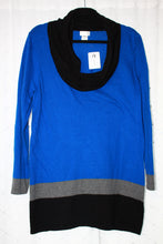 Load image into Gallery viewer, Motherhood maternity sweater cowl neck. Blue colour block with black stripe Size XL Knit Long sleeve top Affordable Canadian Pregnant Pregnancy clothes sustainable maternity preloved 
