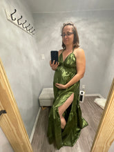 Load image into Gallery viewer, An olive halter top maternity photoshoot gown. You can rent or buy this dress for your pregnancy.
