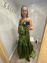 Charger l&#39;image dans la galerie, An olive halter top maternity photoshoot gown. You can rent or buy this dress for your pregnancy.
