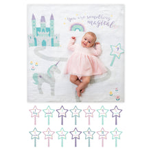 Load image into Gallery viewer, baby girl milestone blanket. Rainbows unicorns. Social media pictures of newborn baby
