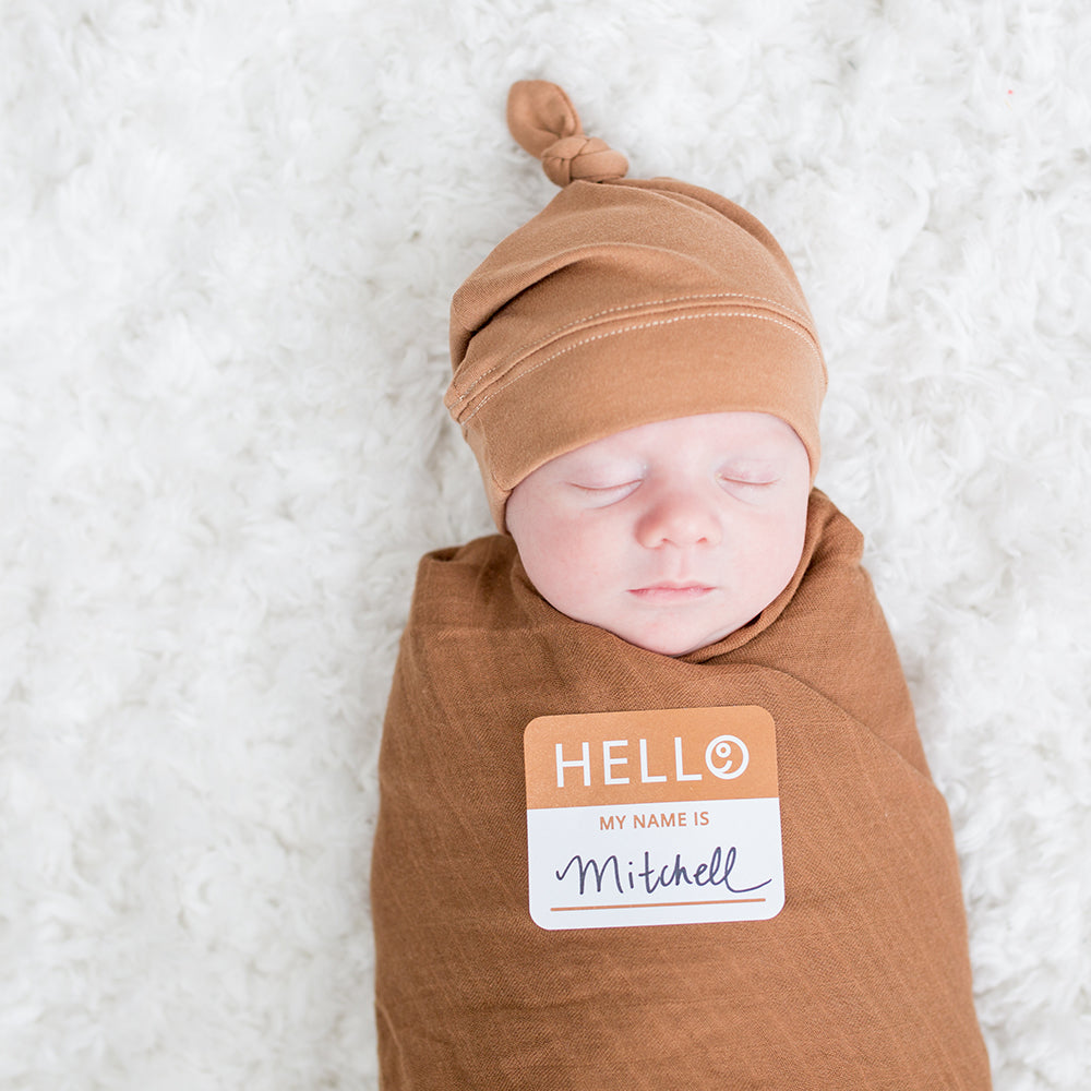 Hello World Blanket & Knotted Hat - Solid Brown Baby shower gift newborn baby swaddle blanket