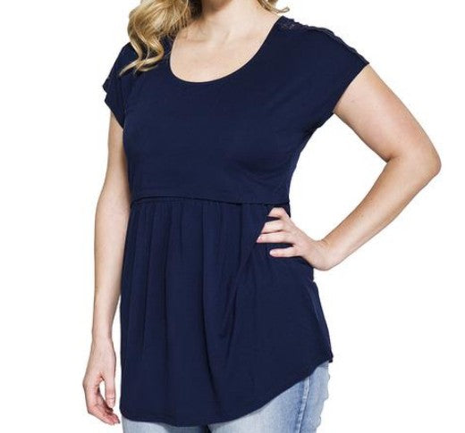 Momzelle Florence nursing top in deep blue sea. Breastfeeding short sleeve top can also be worn during pregnancy. Maternity clothing.