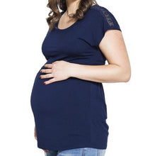 Load image into Gallery viewer, Momzelle Florence nursing top in deep blue sea. Breastfeeding short sleeve top can also be worn during pregnancy. Maternity clothing.
