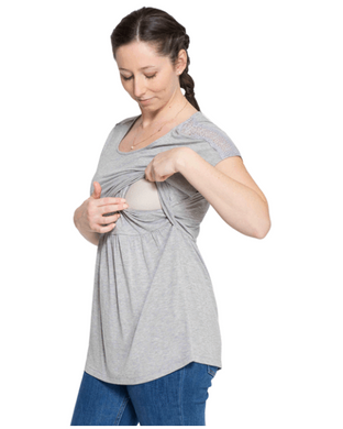 Momzelle Florence nursing top in grey. Breastfeeding short sleeve top can also be worn during pregnancy. Maternity clothing.