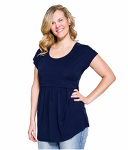 Load image into Gallery viewer, Momzelle Florence nursing top in deep blue sea. Breastfeeding short sleeve top can also be worn during pregnancy. Maternity clothing.
