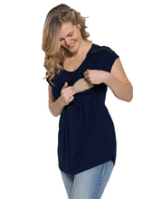 Charger l&#39;image dans la galerie, Momzelle Florence nursing top in deep blue sea. Breastfeeding short sleeve top can also be worn during pregnancy. Maternity clothing.
