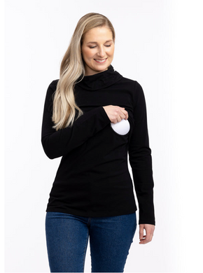  Momzelle breastfeeding turtleneck. Black Fitted Maternity clothes. Nursing baby breast milk. Cowlneck. Sweater Long sleeve top. Pregnant