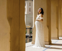 Load image into Gallery viewer, White lace maternity gown for photoshoots. Floor length pregnancy dress for pictures. 
