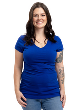 Load image into Gallery viewer, A lift access basic t-shirt in royal blue. This short sleeve top is for breastfeeding and is fitted. 

