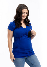 Load image into Gallery viewer, A lift access basic t-shirt in royal blue. This short sleeve top is for breastfeeding and is fitted. 
