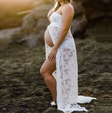 Lace maternity photoshoot gown. open bump. Peek-a-boo bump. Pregnancy dress. White beach