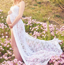 Load image into Gallery viewer, Lace maternity photoshoot gown. open bump. Peek-a-boo bump. Pregnancy dress. White beach
