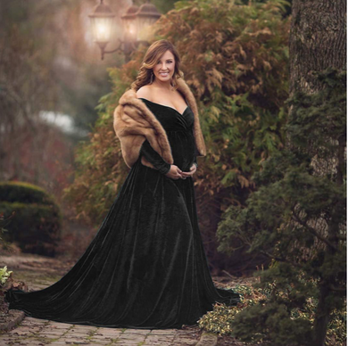 Long sleeve velvet maternity photoshoot gown in black. Pregnancy dress maxi floor length