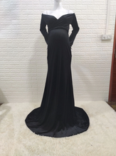 Load image into Gallery viewer, Long sleeve velvet maternity photoshoot gown in black. Pregnancy dress maxi floor length

