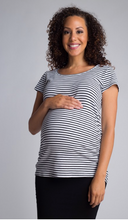 Load image into Gallery viewer, Black and white stripe maternity t-shirt. Basic T Short sleeve maternity clothes. Pregnant pregnancy affordable
