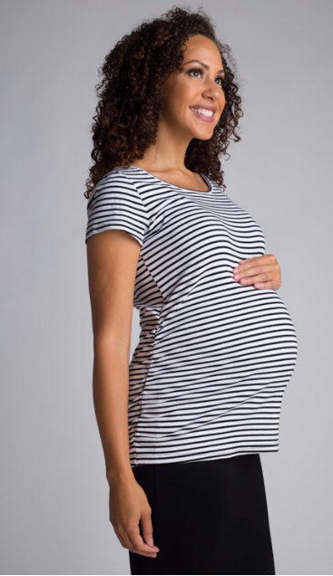 Black and white stripe maternity t-shirt. Basic T Short sleeve maternity clothes. Pregnant pregnancy affordable
