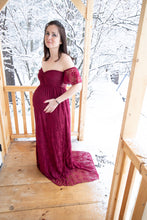 Load image into Gallery viewer, Wine red lace maternity gown for photoshoots. Floor length pregnancy dress for pictures. 

