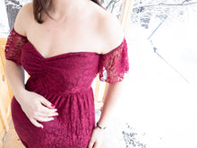 Load image into Gallery viewer, Wine red lace maternity gown for photoshoots. Floor length pregnancy dress for pictures. 
