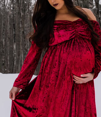 Long sleeve velvet maternity photoshoot gown in wine red. Pregnancy dress maxi floor length