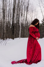 Load image into Gallery viewer, Long sleeve velvet maternity photoshoot gown in wine red. Pregnancy dress maxi floor length
