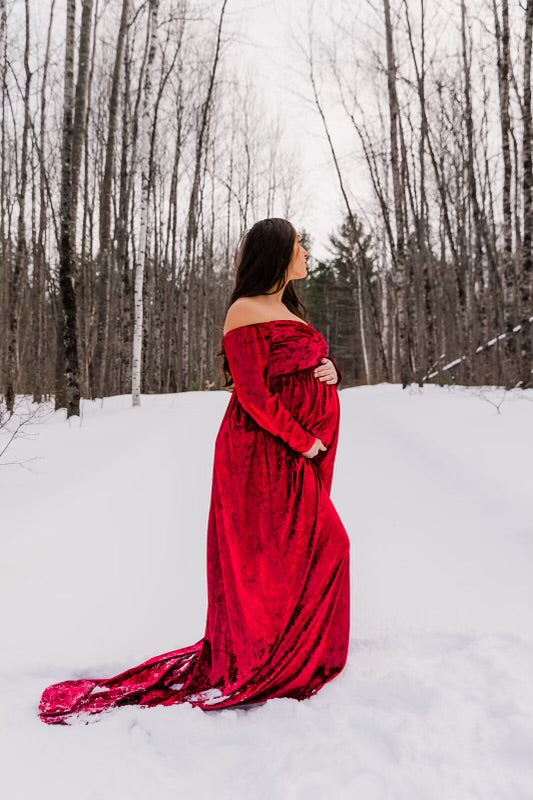 New* Long Sleeve Maternity Gown in Wine Red – Happily Ever After