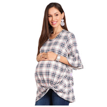 Load image into Gallery viewer, Maternity plaid blouse. Pull over with knot detail in front. Short sleeve top Maternity clothes Pregnancy Pregnant Cute Affordable
