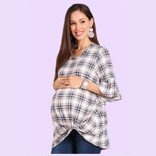 Load image into Gallery viewer, Maternity plaid blouse. Pull over with knot detail in front. Short sleeve top Maternity clothes Pregnancy Pregnant Cute
